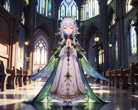 highres, masterpiece,best quality, 4k, extremely detailed, perfect lighting, light tracing, no lineart, 
church, sunny,
1girl, solo, nahida \(genshin impact\), nun,
standing, praying, own hands together, 
nun cape, high heels, head cape,
detailed beautiful face, closed eyes, pointy ears, multicolored hair, gradient hair, white hair, green hair, 
<lyco:nahidaGenshinImpactV3-LyCORIS:0.5>