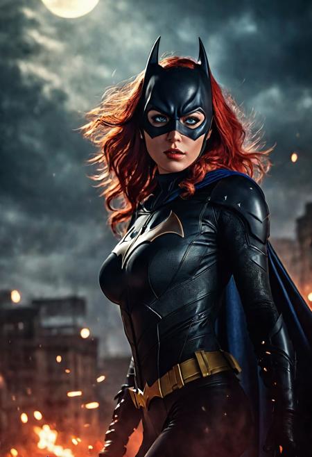 High resolution ultra-realistic of beautiful realistic Batgirl fighting against alien invasion, cinematic style, standing on a bloody and stormy battlefield in a fighting pose, bloody massacre, realistic modern combat costume, black mask, red cape, perfect athletic figure, wavy red hair, handsome dirty bloody face, beautiful perfect detailed pupils, wet oily shiny skin, covered in dirt and blood, beautiful firm Breasts, defiant and seductive, sexy 20 year old girl, 8k resolution concept art portrait by Greg Rutkowski, Dark Gotham City, realistic blue eyes, full body, Artgerm, WLOP, Alphonse Mucha, dynamic lighting, hyperdetailed, intricately detailed, Splash art trending on Artstation triadic colors, Unreal Engine, 5 volumetric lighting, Cinematic Lighting, intricate, smooth, sharp focus digital painting, Asymmetrical Balance, painting, dynamic lighting