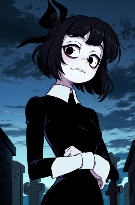 Susie,short hair,bags under eyes,pale skin,wavy mouth,black eyeliner,black eyes,(right eye half closed,left eye open),
black dress,long sleeves,wrist cuffs,black hair ribbon,
standing,upper body,
cemetery,night,cloudy,
(insanely detailed, beautiful detailed face, masterpiece, best quality),solo,<lora:SusieB98:1>,