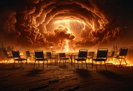 distance shot, empty foreground, no humans, synaptic orgasm, (glitch art:1.5), hyperrealistic concept art, intergalactic battle, atmospheric nightmare, rage, night scene, flaming smoke, evil, night sky, chairs, 4k, pencil marks, sharp focus, high detailed, hazy, vignette, masterpiece, digital illustration, trending on artstation, beautiful lighting, sharp, hyper detailed, insanely detailed, intricate, elite, ornate, elegant, luxury, dramatic lighting
 <lora:dvr-lnds-sdxl:0.8> dvr-lnds-sdxl