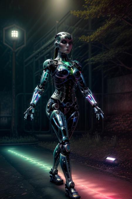 A feminine humanoid AI with sleek features and glowing neon patterns walks through a landscape where nature and technology coexist. Trees with holographic leaves, robotic birds, and flowing rivers of light surround her as she admires the beauty