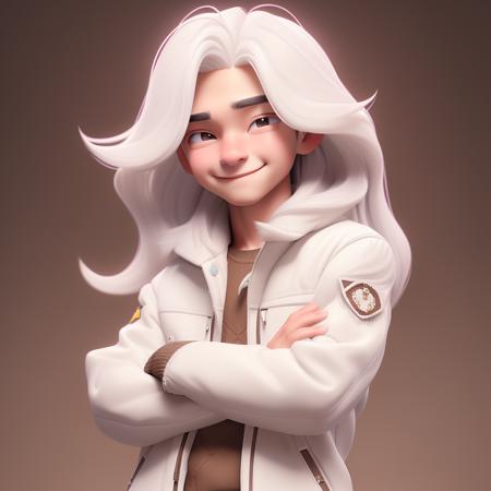 1boy, long hair, freckles, brown eyes,looking at viewer, crossed arms, white hair, smile, jacket, simple background