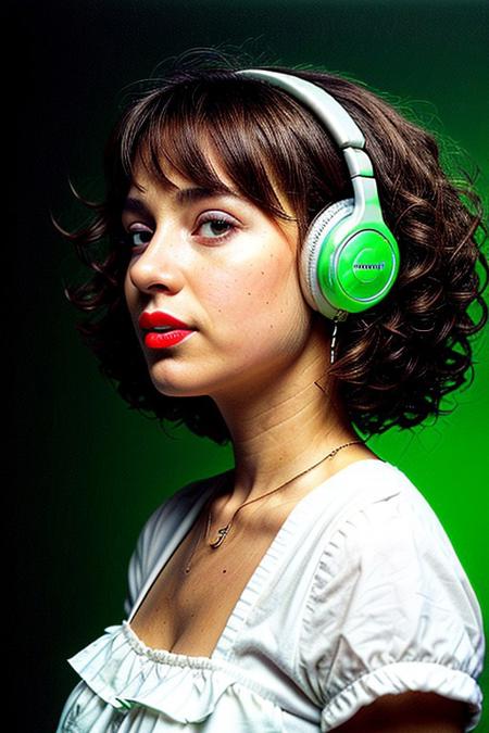 masterpiece, best quality, oil painting \(medium\), real, solo, 1girl, blonde hair, headphones, hair curls, black background, sound waves, green neon, white dress, musical note, red lipstick, medium hair, ringlets, green theme, hand on headphones, frills, puffy sleeves, short sleeves, red neon background, face close up, dutch view,