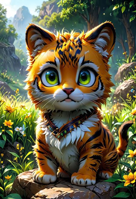 face front, misty scene, a cute tiger cub with detailed eyes, on a flat rock, sunny meadow<lora:MJ52:0.6> <lora:add-detail-xl:0.8> <lora:EpicF4nta5yXL:0.8>  <lora:DonM5h4d0wM317XL:0.4> DonM5h4d0wM317XL  <lora:SDXLFaeTastic2400:0.6> <lora:3D_Style:0.8> 3dstyle <lora:MidjourneyV6.1:0.6> midjourneyv6.1