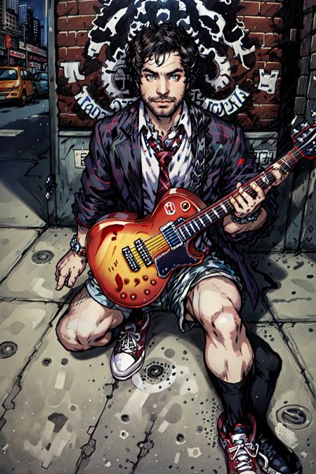 Dewey Finn,  (masterpiece,  best quality,  ultra-detailed,  highres), male focus,  facial hair,  1boy, ((solo focus)), necktie,  guitar,  instrument,  male focus,  leg hair,  shirt,  shorts,  facial hair,  arm hair,  shoes,  white shirt,  socks,  beard,  collared shirt,  sneakers,  black hair,  watch,  electric guitar,  middle finger,  wristwatch,  bracelet,  looking at viewer,  kneehighs,  jacket,  plaid,  city background,  street,  official art,  masterpiece,  extreme light and shadow,  rim lighting,  film quality, <lora:EMS-47352-EMS:1.000000>