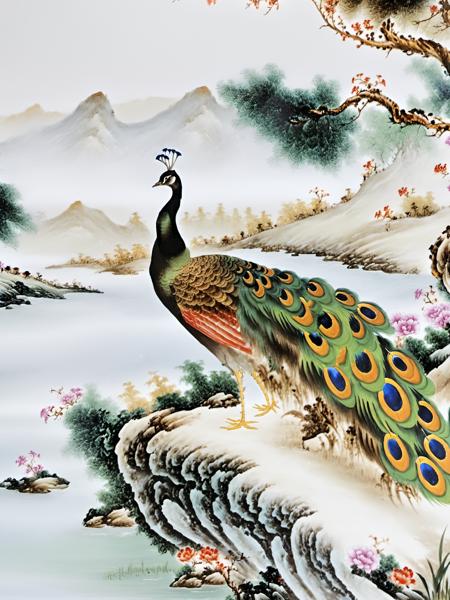 Chinese porcelain painting, peacock by the water, <lora:Chinese_porcelain_painting_V1:1>