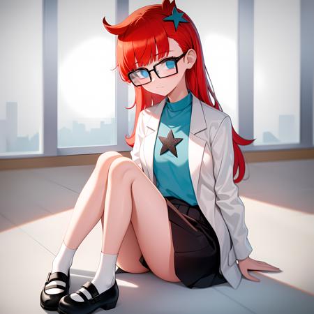 ((masterpiece, best quality)),(complex lighting), solo, full body, 1girl, Susan test, labcoat, blue eyes, glasses, red hair, long hair,<lora:susanTest1-10:0.8>,pastel blue shirt, star-shaped hair clip,white socks, black skirt, Mary Jane shoes, square glasses