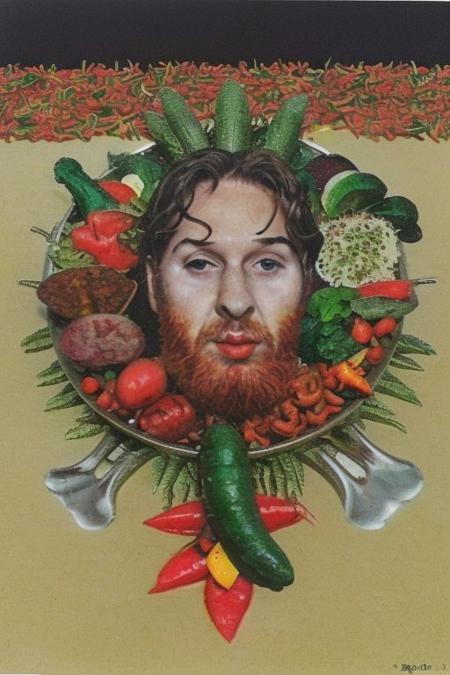 Weirdcore upper body and face of <ffurian> male man on turkish beach,  (face portrait 1.6) (vegetables floating 1.5) happy emotions, 90VHS, (ffurian man with beard 1.1) (ffurian turkish clothing 1.2) (y2k aesthetic 0.8), ms paint style <lora:ms-paint-lora:1> (kebab food 1.2),  <lora:y2kaesthetic:0.7>, half0ster, organic sculptures,