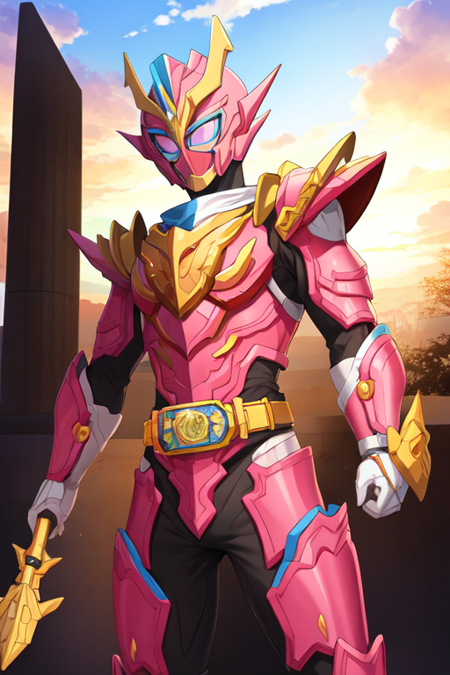 wizard, dragon, dump truck, (pink armor, blue armor:1.25), helmet, tokusatsu, rider belt, solo