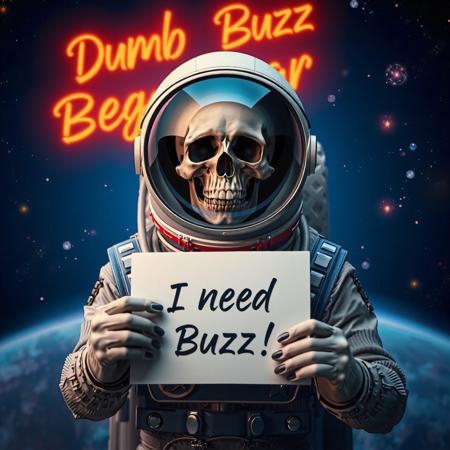 masterpiece, intricate photo, realistic outer space skull astronaut in astronaut suite with helmet and transparent visor holding a small white sign on which is written "I need Buzz!", background outer space, stars, galaxies, nebulae, in the background is written in the sky in neon letters "Dumb Buzz Beggar", hyper realistic, highly detailed, sharp focus, dawn of technology, dark art, gothic art, cyberpunk style, best quality, high resolution, colorful, vibrant colors, studio lighting, high quality image, no wrong proportions, 8K