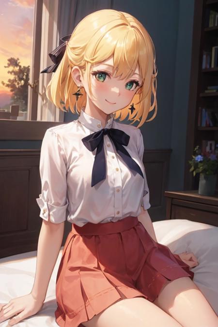 1girl, <lora:anisphia_wynn_palettia-15:1>, (anisphia_wynn_palettia:1.2), pink skirt, short hair, 
arms behind back, earrings, explosion, looking_at_viewer, medium_breasts, orange_sky, smile, solo, sunset, hair bow,
(masterpiece), (best quality), (ultra-detailed), (best illustration),(best shadow), (an extremely delicate and beautiful)