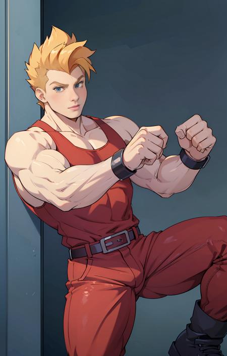 jackyb, 1boy,             solo,             male focus,             blonde hair,             spiked hair,             uncomb hair,                          silver wristbands,             belt,                         black boots,             fringe,             blue eyes,             (red top tank,)        red fitted sleeveless shirt,             red fitted pants,