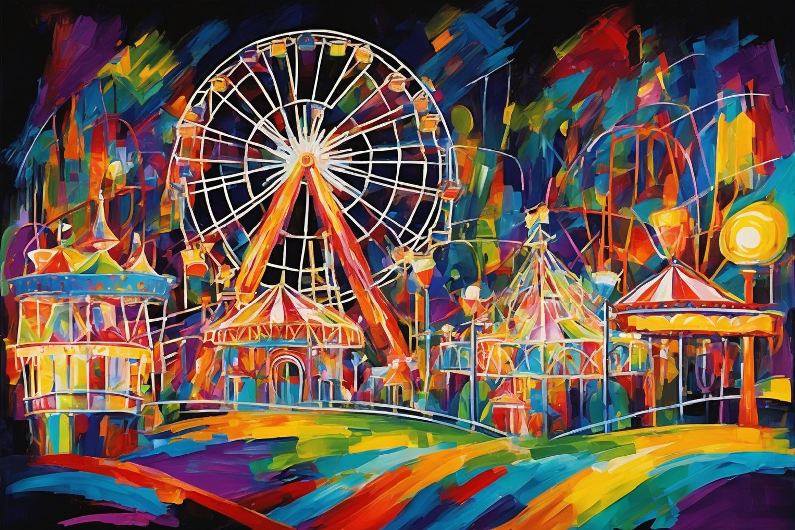 A painting of a Ferris wheel at night with a carousel in the background.