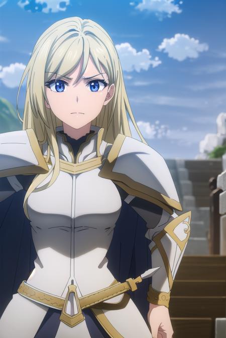 femaleknight, <lora:femaleknight-lora-nochekaiser:1>, 
female knight, long hair, blue eyes, blonde hair,
BREAK weapon, sword, cape, armor, shoulder armor, gauntlets, pauldrons, breastplate, knight,
BREAK outdoors, forest, grass, nature, sky, cloud, sun,
BREAK looking at viewer, (cowboy shot:1.5),
BREAK <lyco:GoodHands-beta2:1>, (masterpiece:1.2), best quality, high resolution, unity 8k wallpaper, (illustration:0.8), (beautiful detailed eyes:1.6), extremely detailed face, perfect lighting, extremely detailed CG, (perfect hands, perfect anatomy),