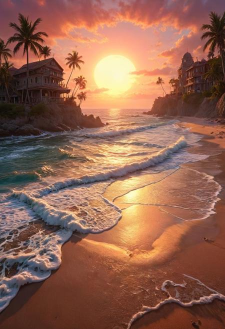 An absolutely mesmerizing sunset on the beach with a mix of orange, red, pink and yellow in the sky. The water is crystal clear, gently kissing the shore, and the sandy beach is endless. The scene is dynamic and breathtaking, with seagulls soaring high in the air and palm trees gently swaying. Immerse yourself in the calm atmosphere and let the tranquil surroundings surround you.wtrcolor style
BadDream, fluxenh4nce, otclillsn, ral-ertmsphr, carcosa city style