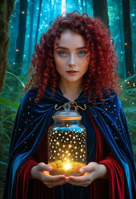 (masterpiece, best quality, ultra-detailed:1.3), RAW photo, 8K UHD, 
1girl, mystical heterochromia (gold/azure), flowing crimson curls, ethereal luminescent skin, petite frame, velvet cloak with constellation patterns,
[Enchanted forest, bioluminescent plants], [catching fireflies in glass jar],
mystical atmosphere, volumetric rays, intricate details