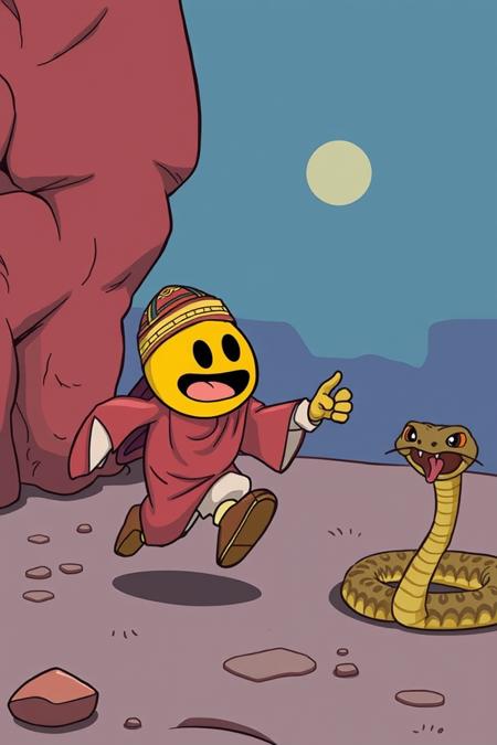 illustration of pacman dressed as a Moroccan snake charmer running away from a big snake, cartoon, detailed,