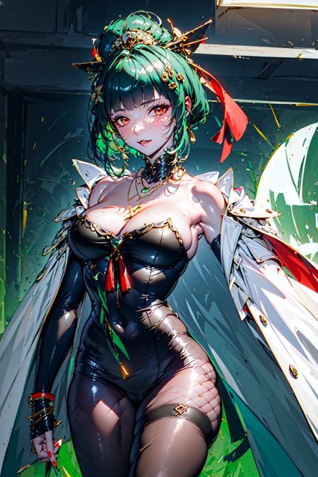 masterpiece, best quality, 1girl,<lora:Hanying2:0.8>,cape,green hair,red eyes,, fishnets, fishnet pantyhose, fishnet bodysuit,  <lora:Cyber fishnet:0.5>