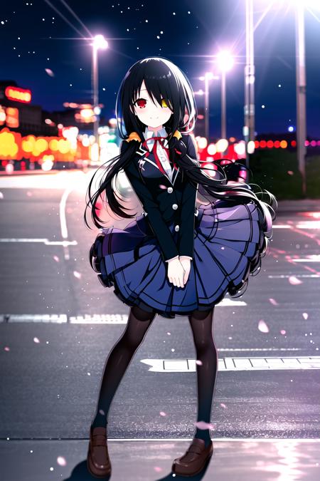 masterpice, best quality, tokisaki kurumi, spirit form, school uniform, 1girl, full body, heterochromia, dress, red eyes, night, shadow, smile, looking at viewer, depth of field,