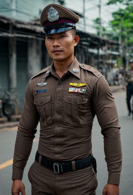 cinematic still of 30 year old handsome muscular Thai man in brown police uniform and hat, standing in Bangkok streets, highly detailed, intricate details, shallow field of depth, cinematic lighting