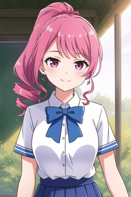 masterpiece, best quality, solo, upper body, ameyaerika, pink hair, drill hair, ponytail, hair bow, swept bangs, pink eyes, white shirt, short sleeves, blue bowtie, blue skirt, pleated skirt, school uniform, smile.