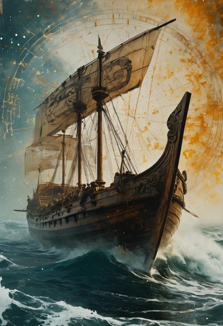 A stunning portrait of an ancient greek trireme in high seas, detailed, high resolution, eerie, atmospheric, foreboding (in the style of Luis Royo painting) Dean Cornwell, design, 1970s, Russian Constructivist style, double exposure, volumetric lighting, expressive, ancient starchart, ink spattered background, warm colors, space, art deco, splatter, Japanese Woodblock print, planar rectilinear shapes, extreme energy, dynamic posing, Dutch angle, white, golden, ethereal