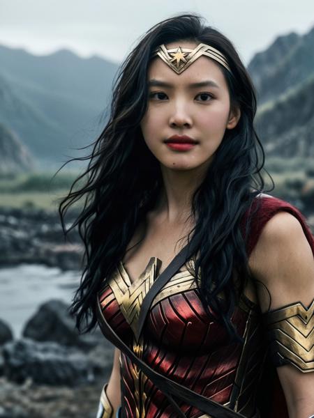 realistic, Skin Textures, High Resolution, Cinematic,<lora:zrn2_ej_JuggXL_1-000020:0.6> zhangruonan woman,Wonder Woman,A dark and evil land,