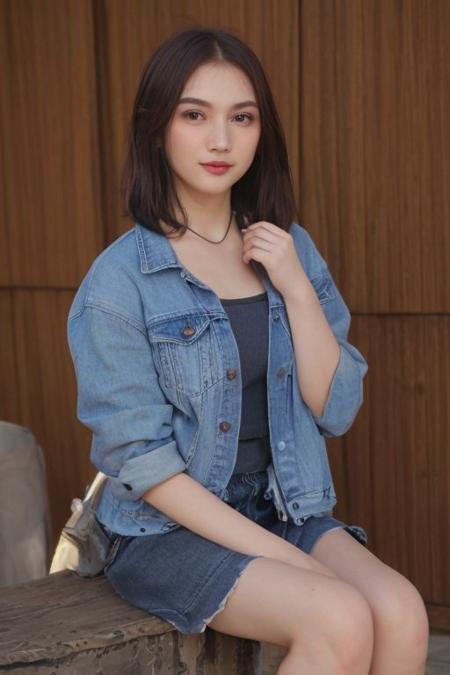 (Denim jacket), collar bone, perfect face shape, (perfect eyes, bright eyes, downing eyes, perfect eyes looking, downing eyes, brown eyes), {smirk|parted lips,teeth}), cleavage, (medium breast:1.2), looking at viewer, (shiny skin, pale skin, clear skin), {{short hair : 1.2, brown hair}}, ((apartment,simple background)), (make up, blush), (dinamic pose, profesional model pose, {naughty pose}, {suggestive pose}), (fullbody shoot), {dynamic view, dynamic angle}, expose ass