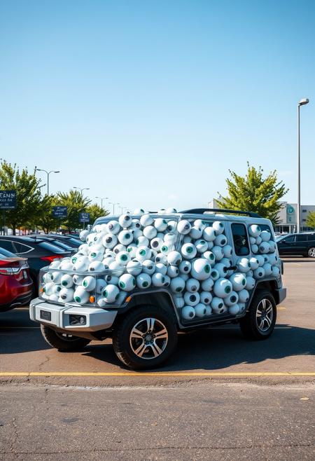 photo of a endless number of eyeballs filled a completely transparent SUV in the parking lot