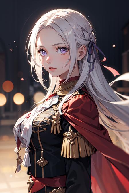 edelgard, 1girl, long hair, purple eyes, solo, looking at viewer, cape, hair ornament, ribbon, uniform, simple background, large breasts, focus, depth of field, bokeh, garreg mach monastery uniform,  <lora:Edelgard-03:1>, facing viewer,