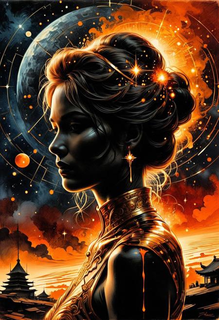 Silhouette Art of a woman, breathtaking detailed, masterpiece, lovely, charming, awe-inspiring, radiant, magnificent. (all dark hues and fine vibrant orange glowing smoldering accent and shiny gold color scheme:1.02). glossy.
<lora:InkArtXL_1.2:0.4> <lora:FaeTastic:0.35> . award-winning, professional, highly detailed . extremely high-resolution details, photographic, realism pushed to extreme, fine texture, incredibly lifelike, high contrast, well defined .  (in the style of Frank Frazetta painting) Dean Cornwell, design, 1970s, Russian Constructivist style, double exposure, volumetric lighting, expressive, ancient starchart, ink spattered background, warm colors, space, art deco, splatter, Japanese Woodblock print, planar rectilinear shapes, extreme energy, dynamic posing, Dutch angle, black, Crimson<lora:xl_more_art-full_v1:0.3>