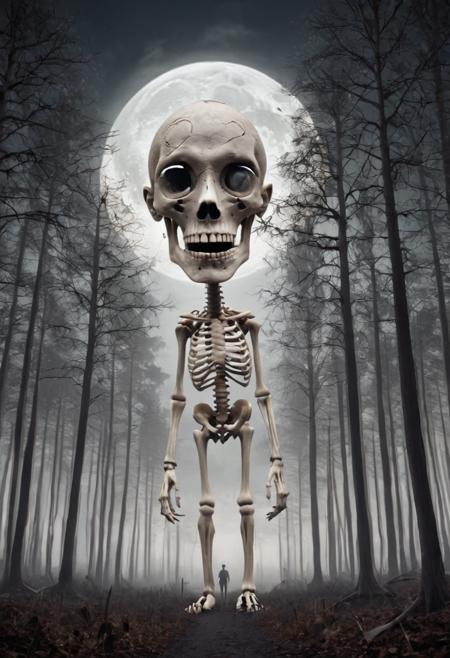 night time,  foggy, dim light, low lighting, moon light, dark theme, forests, tall tress, tree with a human face, boneswm <lora:Bones_World_Morph:0.8>