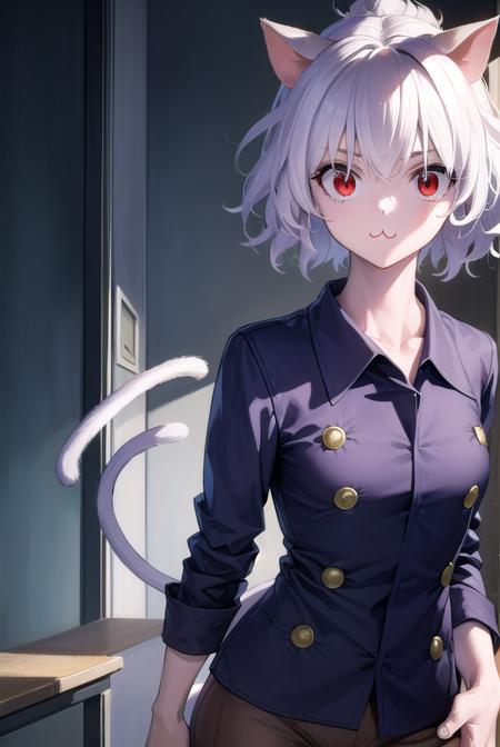 neferpitou, <lora:neferpitou-lora-nochekaiser:1>,
neferpitou, short hair, (red eyes:1.5), animal ears, hair between eyes, tail, white hair, cat ears, cat tail, cat girl, curly hair, <lora:catmouth_v100:1>, :3,
BREAK long sleeves, shorts, striped, buttons, brown shorts, shirt, collared shirt, blue shirt,
BREAK looking at viewer,
BREAK indoors, classroom, (cowboy shot:1.5),
BREAK <lyco:GoodHands-beta2:1>, (masterpiece:1.2), best quality, high resolution, unity 8k wallpaper, (illustration:0.8), (beautiful detailed eyes:1.6), extremely detailed face, perfect lighting, extremely detailed CG, (perfect hands, perfect anatomy),