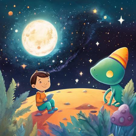 Space Children's Book Illustration, Galactic Color Palette, Friendly Alien, Meteor Shower, Outer Space Landscape, Cosmic Night, Wonder-filled Mood, KidsRedmAF, <lora:StorybookUnboundRedmond-KidsRedmAF:1>