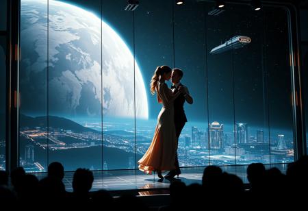 immaculately detailed realistic ultra quality image of a beautiful elegant female dancer and male counterpart are dancing on a futuristic stage micro-LED lighted, the dancer is the focus of the image, every detail of her dress and body are fully visible, the height of the image, behind the dancer on the stage is an enormous seamless and futuristic wall to wall and floor to ceiling window that looks out at a the planet's surface covered with the lights of enormous buildings and cities, An enormous deco starship with futuristic lighting and an enormous space station are visible in the background among the stars, Artistic art deco, dynamic perspective, (((overall architectural aesthetic is Art Deco Cyberpunk))).  Epic image that elicits a feeling of romanticism, wonder, and awe, the silhouette of the audience can be seen in the foreground that show the enormous scale of the stage and seamless window behind it,