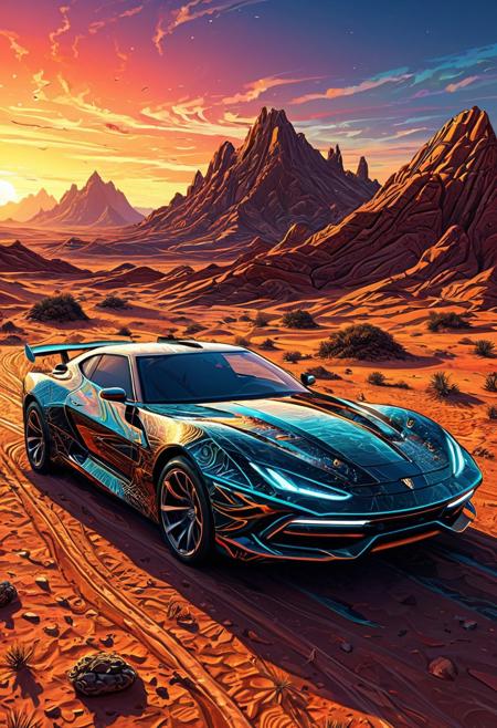 Finely detailed vector illustration, hover car, sleek futuristic car, sci-fi, high tech, desert snake, symbiosis, sunset, high velocity, desert, ultra realistic quality, hyperdetailed, intricately detailed,  triadic colors,fantastical,intricate detail,splash screen,complementary colors, fantasy concept art, 8k resolution, masterpiece, oil painting, thick strokes, rich strokes, streakes, smudges