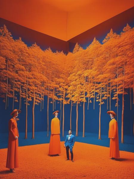 <lyco:SandySkoglund:1.0> Style from sandy skoglund, surrealism, 16K UHD surreal photography photo of a man and woman standing in a room with trees, rain, mirrors on the wall, fantasy, super rich detail, orange and blue, in the style of a surreal 3D landscape