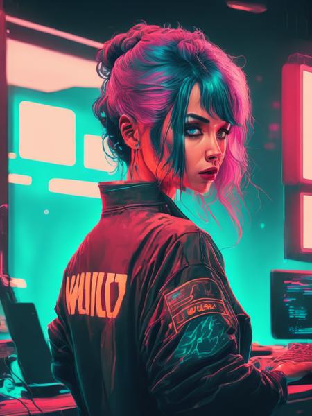 <lora:LiamWong:1>Beautiful synthwave woman with teal hair and bangs checking a monitor