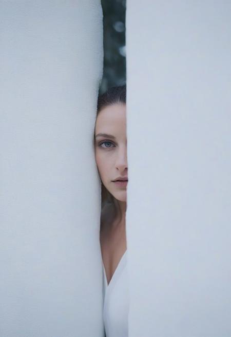 (portrait), (closeup), surreal, ((woman emerging from white primed wall)),  bokeh, cinematic, film grain
