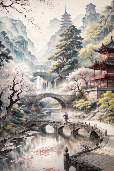 (high quality:1.1), (masterpiece:1.1), ink painting,
1boy, <lora:水墨第二版V1:0.9>,
 floating petals, trees, buildings,chinese ancient architecture, bridge, 