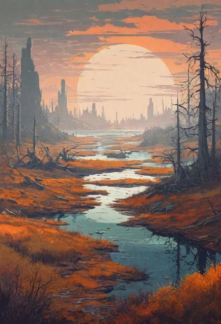 epic landscape, a post-apocalyptic world, seasons, flat vector illustration, different colour palette, muted colors, complex composition, intricate details, hightly detailed, improvisation, by Nikolai Dubovskoy, by Michael Klodt