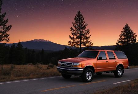 pick up truck, motor vehicle, no humans, tree, sky, outdoors, star \(sky\), road, scenery, night, vehicle focus, sunset, starry sky, orange sky, night sky, star \(symbol\), evening, gradient sky, twilight, nature, pine tree, forest, dusk, bush, mountain, cloud, grass, mountainous horizon, shadow, red sky, plant, (1996 Ford Explorer)