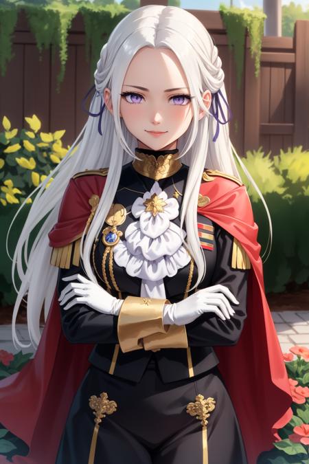 masterpiece, best quality, edelgard_academy, purple eyes, hair ribbon, red cape, black jacket, black dress, ascot, white gloves, upper body, portrait, standing, looking at viewer, furrowed brow, smile, crossed arms,  garden <lora:edelgard-nvwls-v2-000012:0.9>