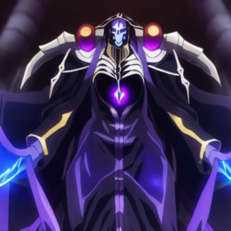 Anime Background_darkpalace, blue_glowing_eyes,   surshana, holding_a_giant_scythe, detailed,  undeads_lurking_in_the_Background, Scythe,  Ainz,  detailed_face, 3_persons_standing_together, blue_chest_globe