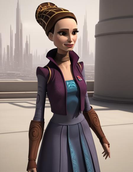 <lora:clonewars-padme-amidala-s3-ponyxl-lora-nochekaiser:1>, padme amidala, brown hair, brown eyes, realistic, mole, mole under eye, long hair, lips, 3d, low-tied ponytail, braided ponytail, gloves, shirt, brown shirt, long sleeves, belt, pants, vest, pink vest, brown pants, open vest, skirt, long sleeves, jacket, hair bun, single hair bun, long skirt, purple jacket, dress, tiara, green dress, collarbone, breast, skirt, long skirt, green skirt, earrings, hair horns,