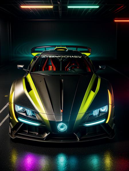 cyberpunk supercar, in cyberpunk city photoshoot, running at high speed, glowing lights, speed sensation, well framed at middle range, neon colored luxury rims, extreme detail, illegal race car, extreme photorealistic, 3D, 8k, Hyper detailed car, perfect soft lighting, great lighting, car photography, fisheye lens, raining, reflection, octane render, high quality, <lora:more_details:.6> <lora:wowifierV3:.6>