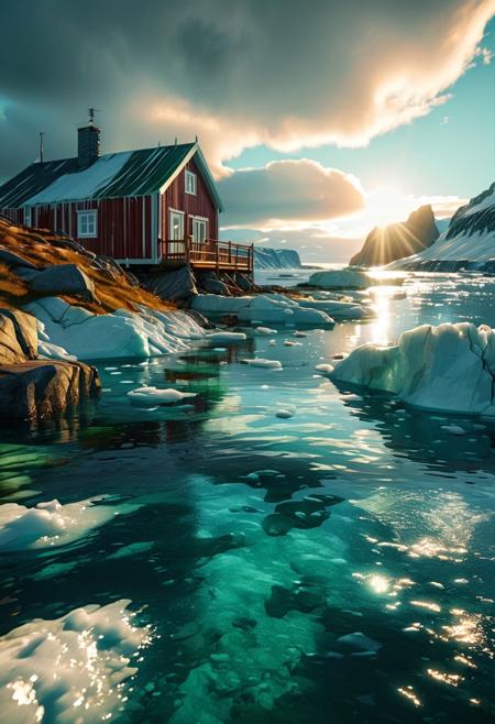 (ultra high res:1.4), (masterpiece), (beautiful lighting:1.4) , greenland greenery,  greenland river, icy water water, forest, Greenlandic homes and cabins,  sunlight illuminates the icy water, (deep underwater), anime, above water, (clear underwater), beautiful sky with clouds,  depth
