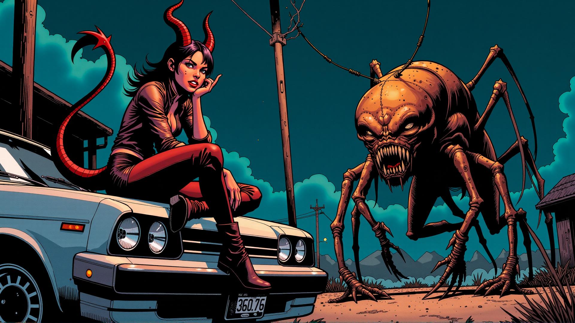 Comic book style of a detailed action scene, A demoness with crimson skin and a mischievous smile sits atop the hood of an old, rusted car, her pointed tail flicking back and forth. She wears a leather jacket covered in glowing sigils, and her horns gleam under the flickering streetlight above her. Across from her, a massive creature with an insect-like body and countless skittering legs moves toward her, its antennae twitching. Its carapace glistens in the low light, and its eyes reflect the dim glow of the streetlamp. The demoness rests her chin on her hand, her eyes locked on the beast as her smile widens.