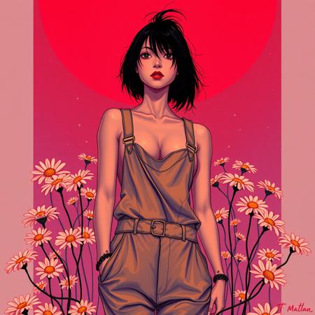stylized by Tang Yau Hoong, digital art, As you gaze upon the stunning digital artwork, your eyes are immediately drawn to a captivating display of cyberpunk art. The artist wears a polished satin overalls and carries it with an intense expression, as if holding onto an unique element within its grasp. Miserable Mejrak, tail, and bold daisies dance around in a vibrant contrast against each other, at Dawn, split diopter, Grim, Tinkercore, Rembrandt lighting, Hypersaturated