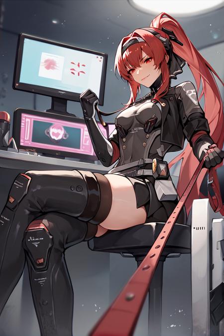 veragarnet, red hair, red eyes,  very long hair, ponytail, black hairband, black ribbon, headgear, cropped jacket, black jacket, elbow gloves, black gloves, white dress, multiple belts, black thighhighs, thigh boots  black dress black pantyhose veramisc low wings, mechanical wings